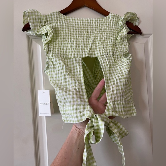 Meraki New Light Green & White Plaid Open Back Wrap Top Size XS - Picture 2 of 8